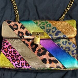 Kurt Geiger Vibrant Striped Leopard Print Bag with Gold Chain